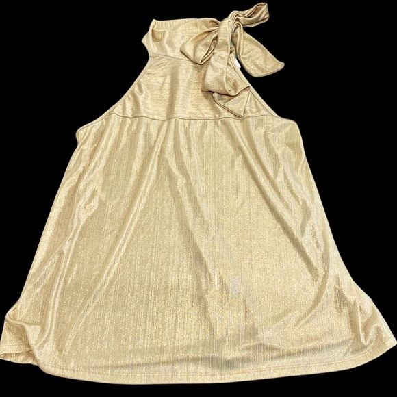 D*N*T Mock turtle neck with tie halter A-Line dressy ribbed gold top/tunic - Picture 5 of 10